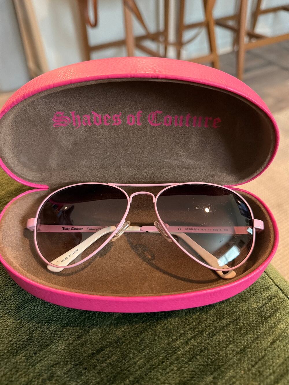 Juicy Couture pink aviator sunglasses in bright pink case